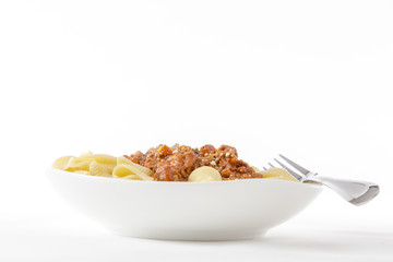 bowl of fresh pasta noodle and bolognese meat and tomato sauce i