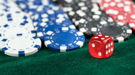Gambling Red Dice and Money Chips