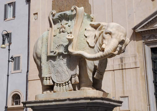 Elephant and Obelisk in Rome. Bernini's Elephant marble statue with Pope Chigi emblem in front of Santa Maria sopra Minerva Basilica, designed by the famous baroque artist in the 1660s