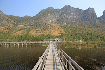 Fototapeta na wymiar long wooden jetty on nature lake