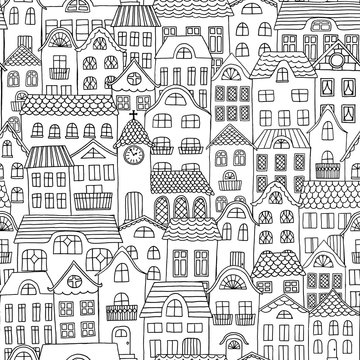 Hand drawn seamless pattern of a city with cute houses and a little church