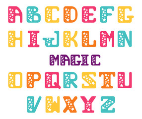 Alphabet of capital letters with stars. Star serif font. Set of letters for decoration festive posters or invitations.