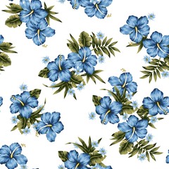 Blue Tropical Flowers Seamless Pattern - 108499434