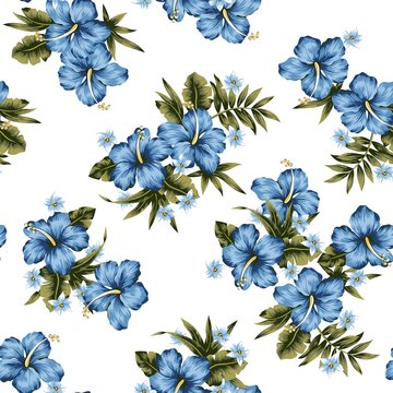 Blue Tropical Flowers Seamless Pattern