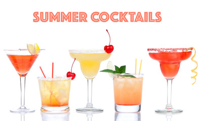 Collage of yellow red alcohol margarita martini cocktails compos