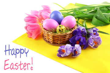 Easter greeting card. Multicoloured eggs and flowers on napkin