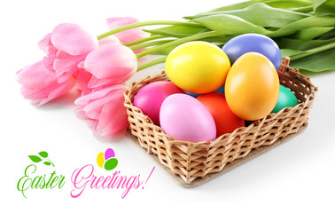 Obraz na płótnie Canvas Easter greeting card. Multicoloured eggs and tulips isolated on white