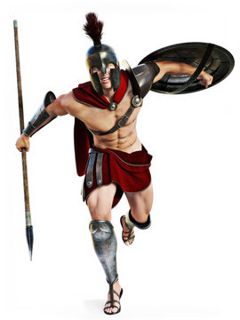 Spartan charge , Full length illustration of a Spartan warrior in Battle dress attacking on a white background. Photo realistic 3d model scene.