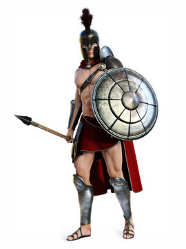 The Spartan , Full length illustration of a Spartan in Battle dress posing on a white background. Photo realistic 3d model scene.