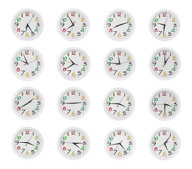 Naklejka premium Collage of round wall clocks, isolated on white