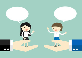 Business concept, Business women standing on the big hand and talking to each other. Vector illustration.