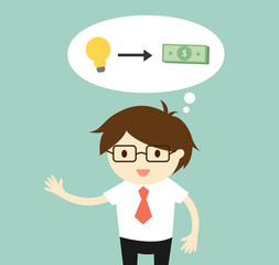 Business concept, Businessman is thinking about make money from his idea / startup. Vector illustration.