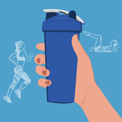 hand holding protein shaker with sketch fitness icons, vector illustration