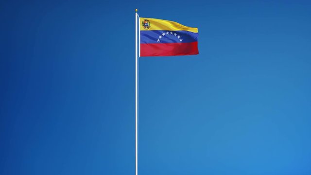 Venezuela flag waving in slow motion against clean blue sky, seamlessly looped, long shot, isolated on alpha channel with black and white luminance matte, perfect for film, news, digital composition
