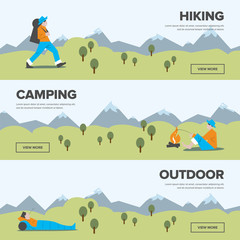Hiking and adventure banners. Single tourism. Weekend journey. Vector illustration. Activity life. Outdoor leisure.