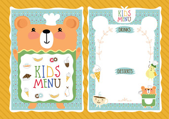Kids menu bitmap template, cartoon design with funny characters. 