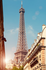 Eiffel Tower viewed from a nearby neighborhood.