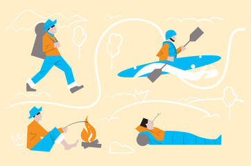 Outdoor Activities, walking with a backpack, kayaking, spending the night in the forest. Symbols of active sports, summer tourism, leisure.