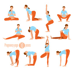 Pregnancy yoga. Yoga for pregnant women. Doing Stretches and Light Weight Aerobics. Yoga Excersises. Bitmap illustration.