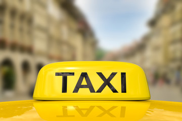 taxi for traveling with cityscape background