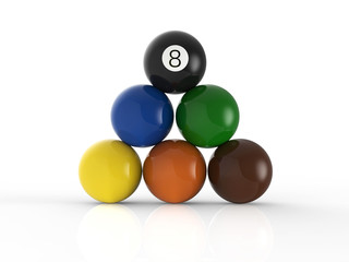 billiard balls pyramid with eight ball on top on white background