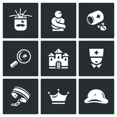 Vector Set of Nuthouse Icons. Diagnosis, Straitjacket, Treatment, Study, Building, Doctor, Bondage, Persistence, Split Personality.