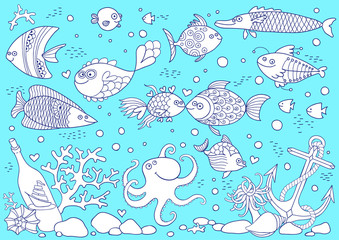 Coloring of underwater world. Aquarium with fish, octopus, corals, anchor, shells, stones, bottle with sailboat.