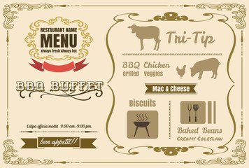 Vintage BBQ party menu poster design with  meat, beef. chicken ,