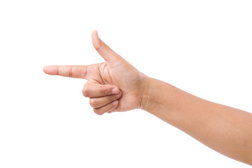 female hand pointing to side blank space