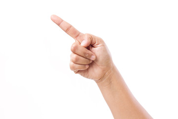 female hand pointing up to blank space