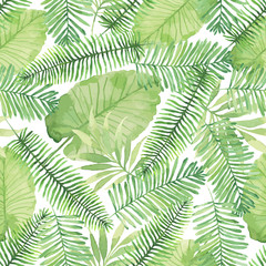 Tropical seamless pattern with leaves. Watercolor background with tropical leaves. - 108509805