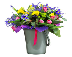 Beautiful bouquet in vase isolated on white background.