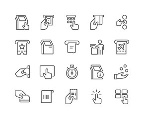 Simple Set of Kiosk Terminal Related Vector Line Icons. 
Contains such Icons as Choosing Options, Getting receipt, Printing tickets and more. Editable stroke. 48x48 Pixel Perfect.  - obrazy, fototapety, plakaty