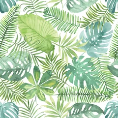 Tapeten Tropisches nahtloses Muster mit Blättern. Aquarellhintergrund mit tropischen Blättern. © BrushArtDesigns