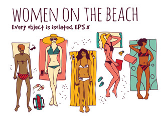 Group women in vacation isolate white set.