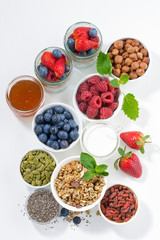 foods for healthy nutrition and breakfast on white table