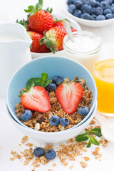 healthy breakfast - granola, fresh berries, orange juice 