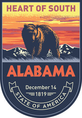 Алабама, эмблема штата США, черный медведь на закате на синем фоне