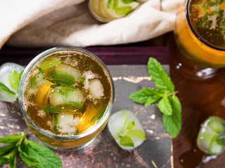 Cold tea with ice and mint leaves