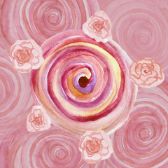 Watercolor abstract background with pink spiral swirls and roses