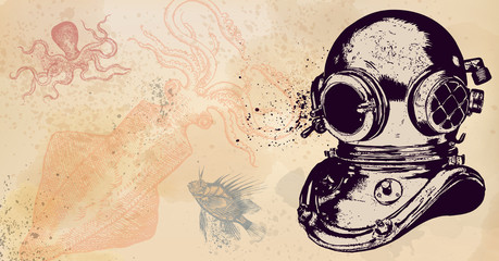 Old-fashioned diving equipment, hand drawn illustration