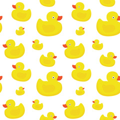 Cute yellow ducks seamless vector pattern on white background