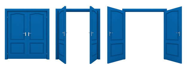 Fototapeta premium Open blue double door isolated on a white background