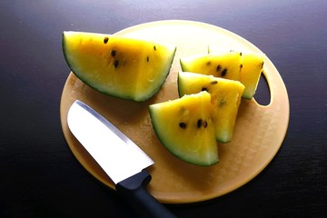 Sliced yellow watermelon fruit