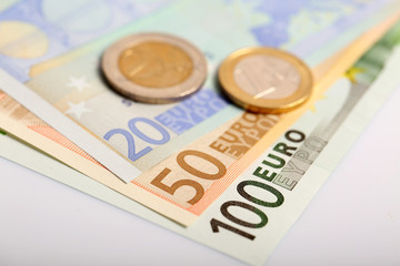 Closeup of banknotes and coins