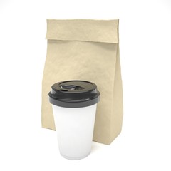 Coffee to go and lunch bag, on white. 3d rendering.