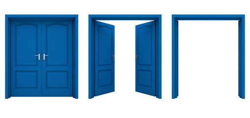 Open blue double door isolated on a white background