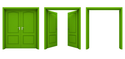 Open green double door isolated on a white background