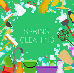 Spring cleaning supplies frame on green. Tools of housecleaning