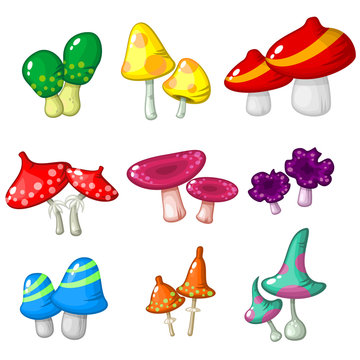Set of nine fantastic mushrooms toadstools for video game design